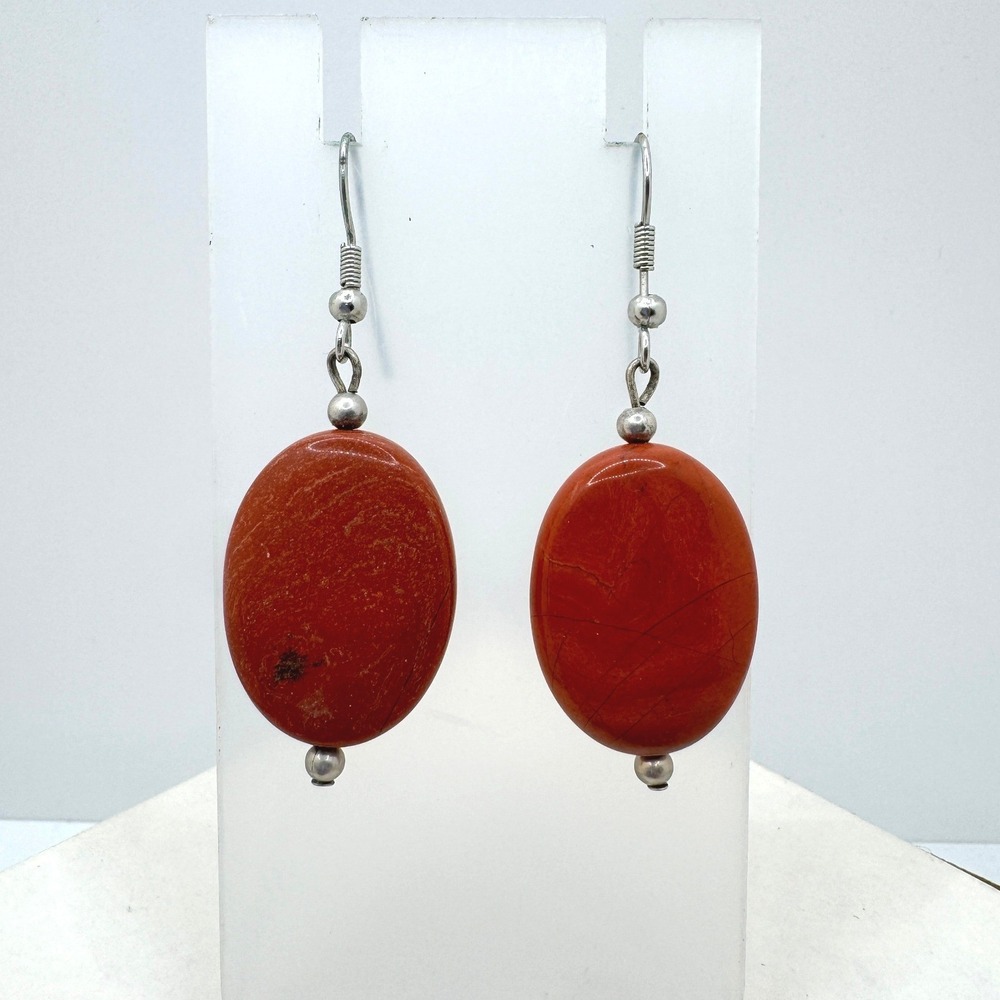 Red Jasper Oval Stone Drop Earrings Silver Tone French Wire Boho Dangle
